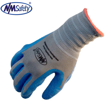 NMSAFETY 13 gauge grey polyester liner blue crinkle latex coated garden work glove EN388
